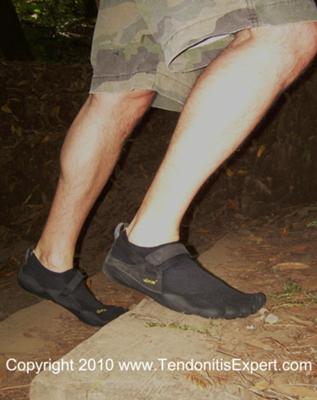 New Vibram Five Fingers KSO barefoot shoes up stairs on a mountain trail